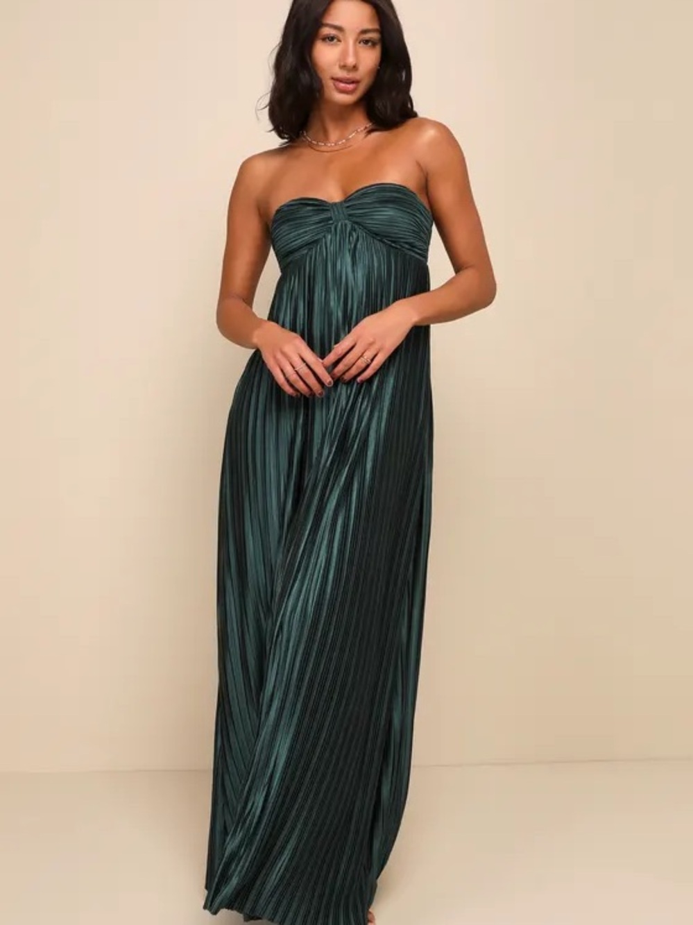 Lulu's Strapless Pleated Maxi Dress in Forest Green
